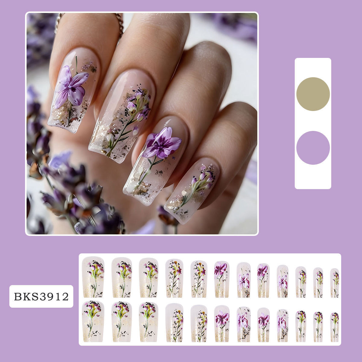 Floral Press-On Nails with Glitter Art Design Set
