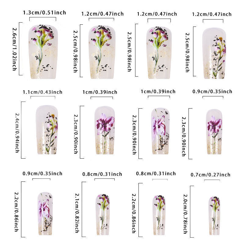Floral Press-On Nails with Glitter Art Design Set