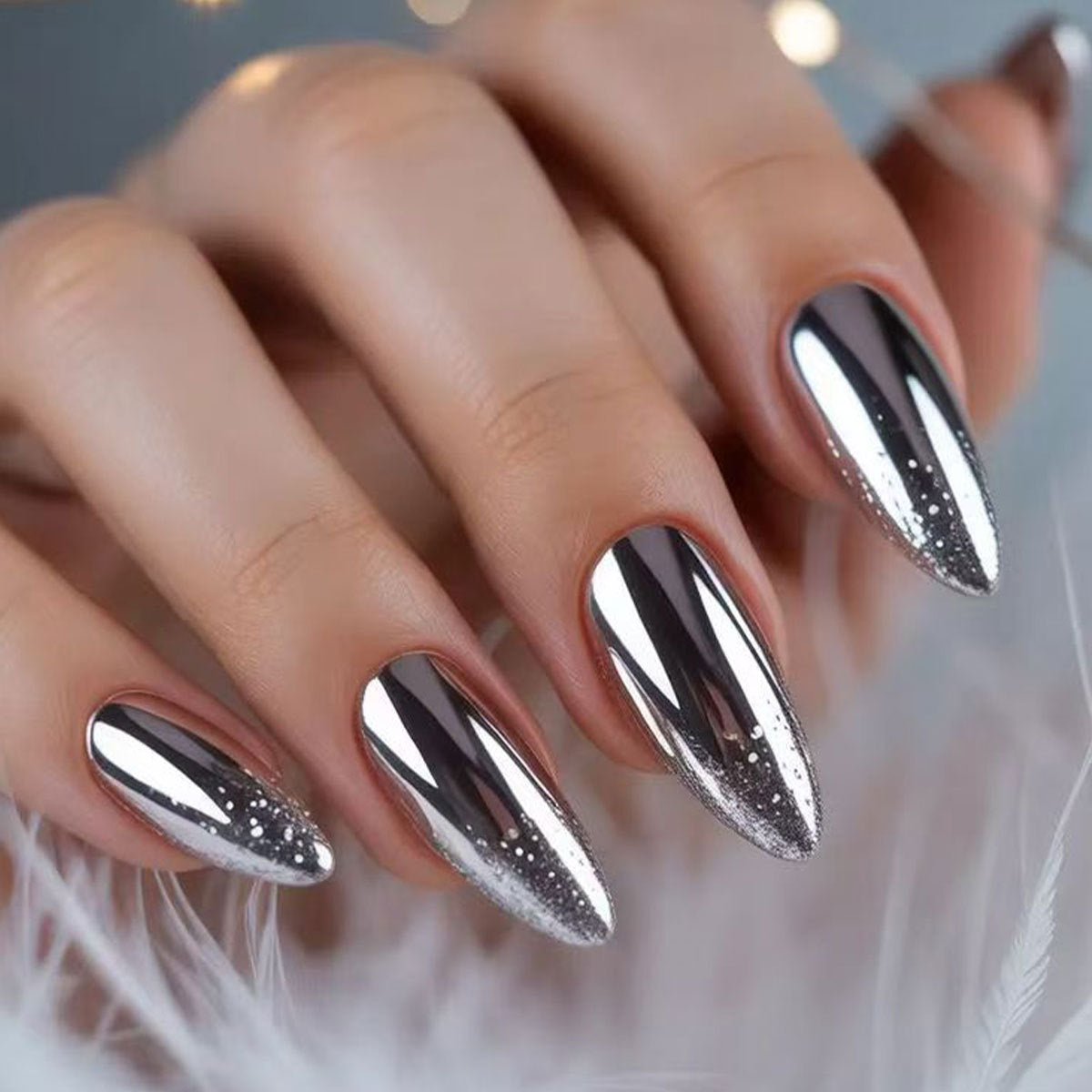 Chrome Silver Mirror Almond Press On Nails Set