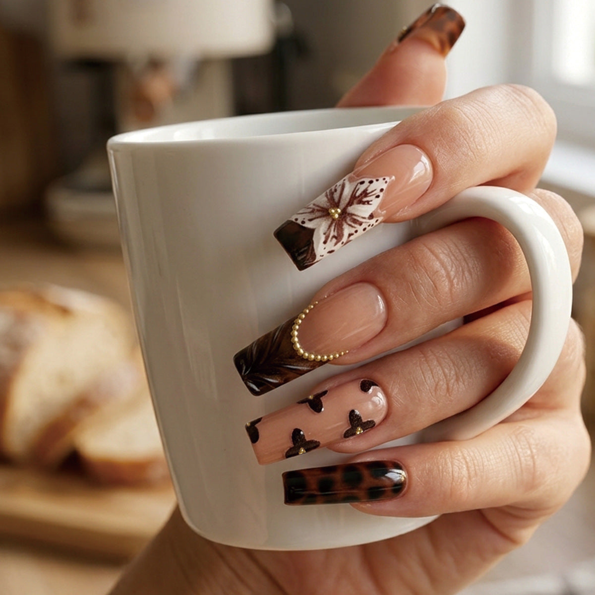 Brown Floral French Tip Press On Nails Glossy Set