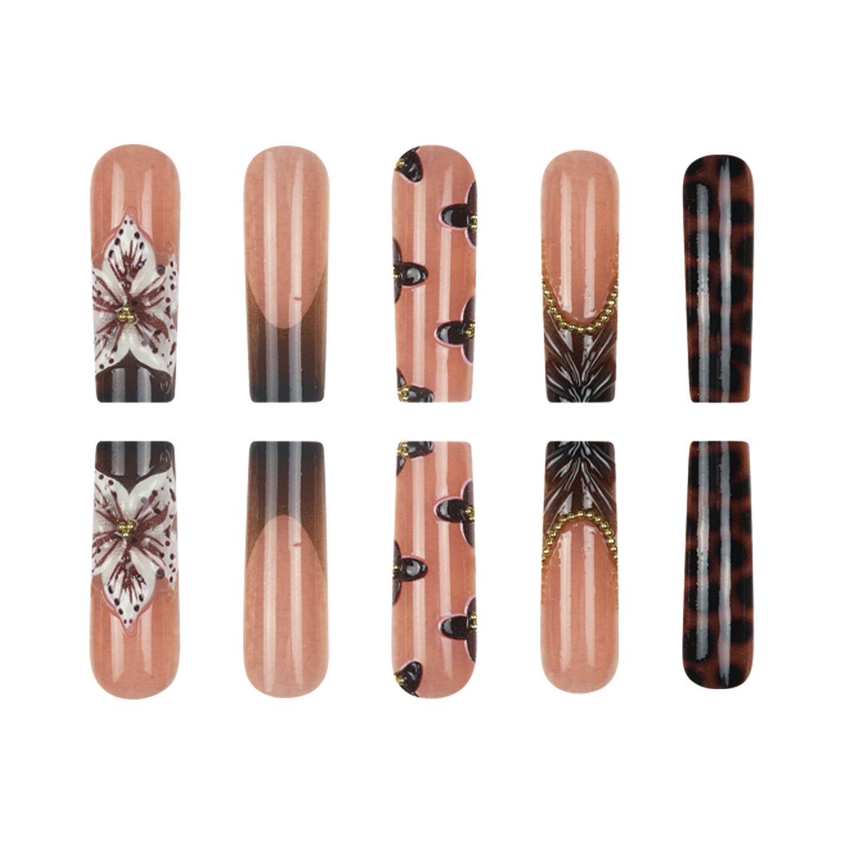 Brown Floral French Tip Press On Nails Glossy Set