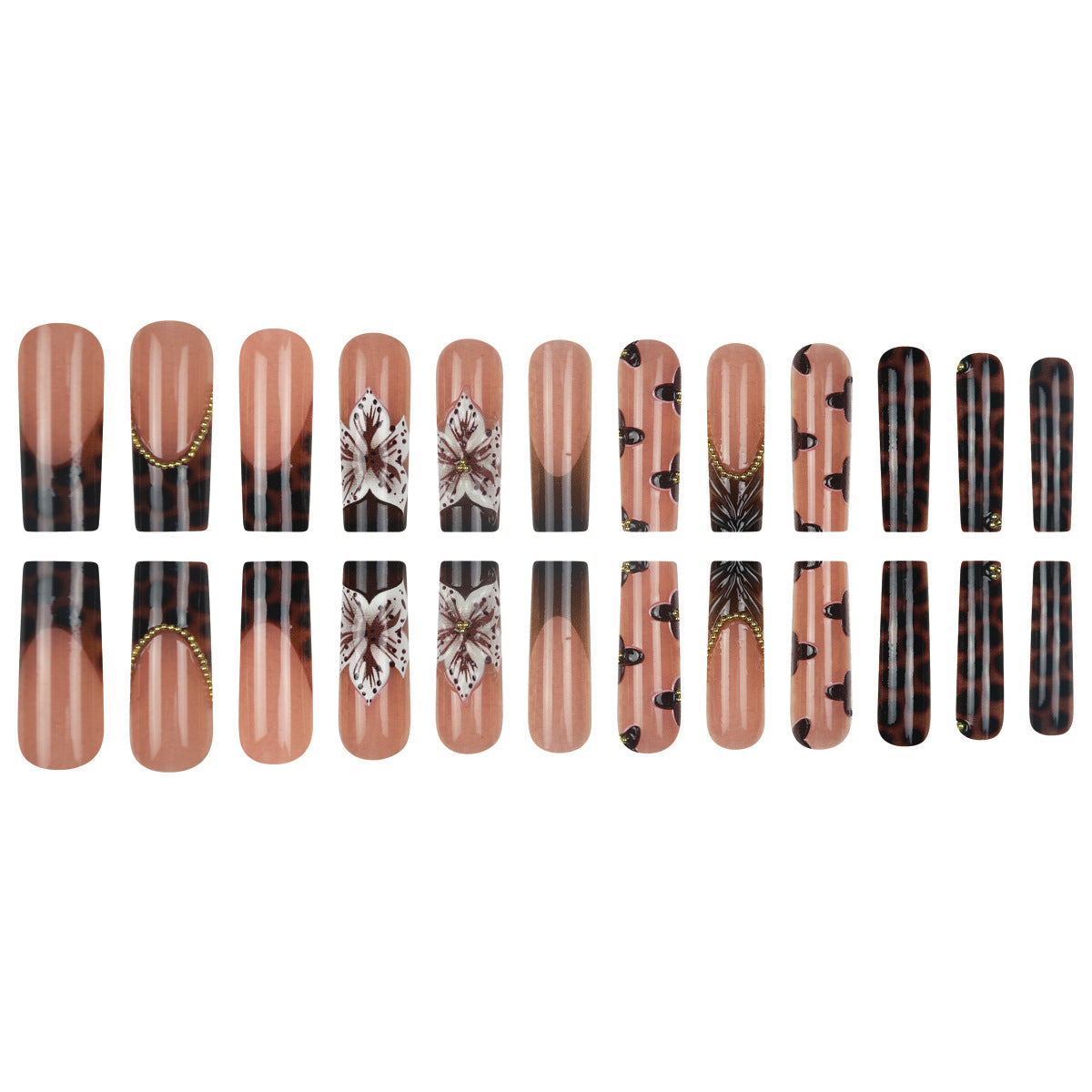 Brown Floral French Tip Press On Nails Glossy Set