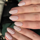 Glossy Nude & White Striped Press-On Nails - Almond Shape