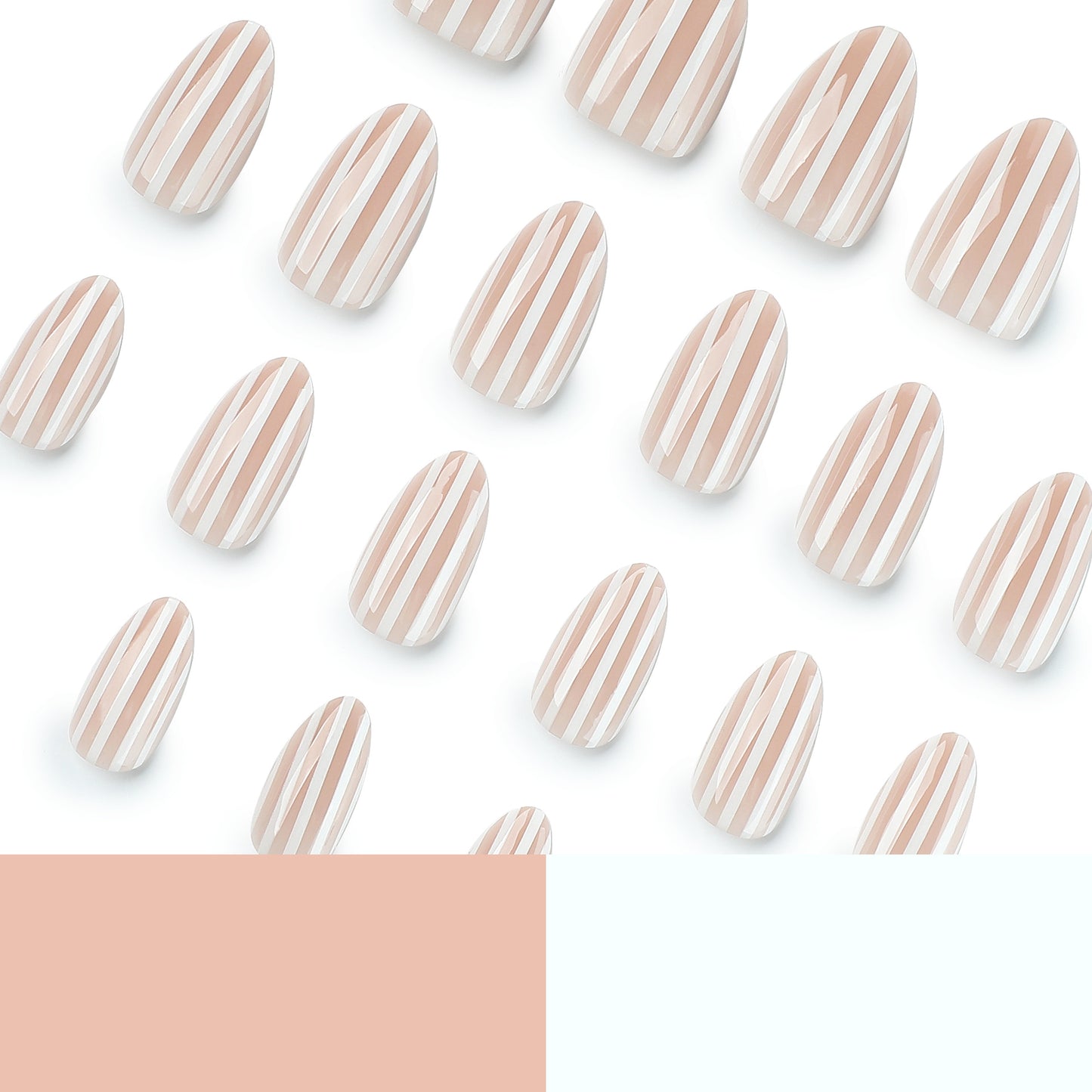 Glossy Nude & White Striped Press-On Nails - Almond Shape