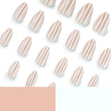 Glossy Nude & White Striped Press-On Nails - Almond Shape