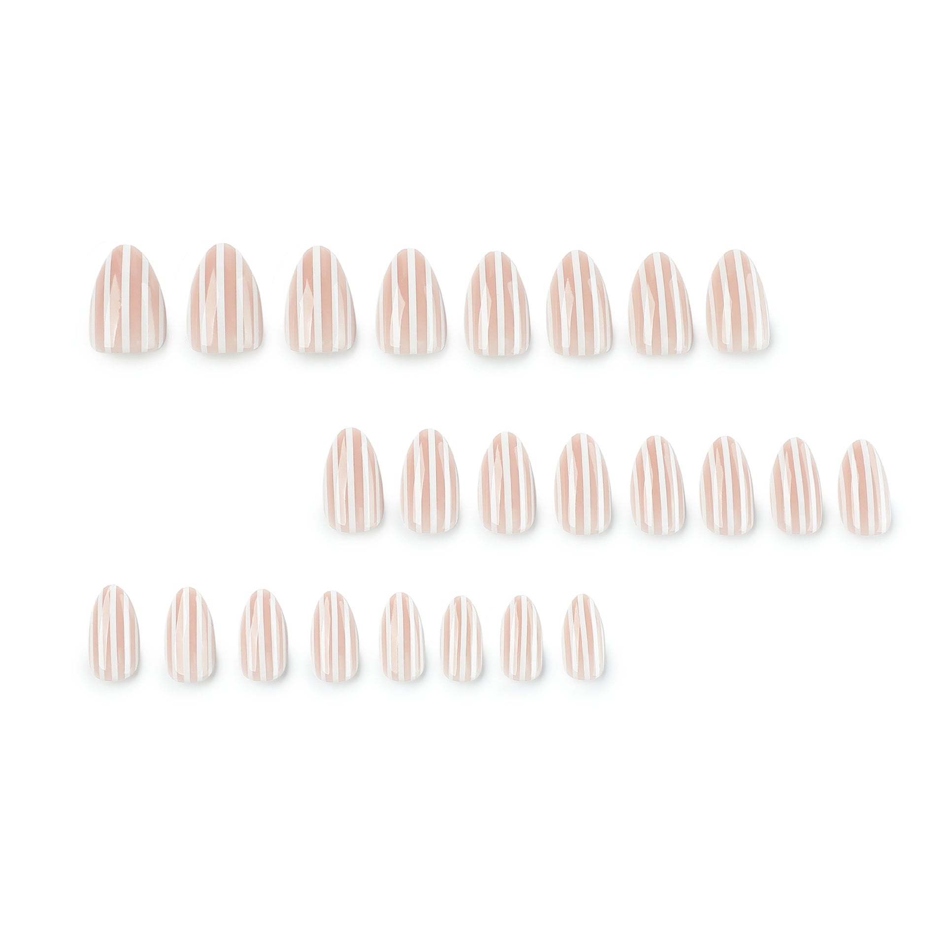 Glossy Nude & White Striped Press-On Nails - Almond Shape