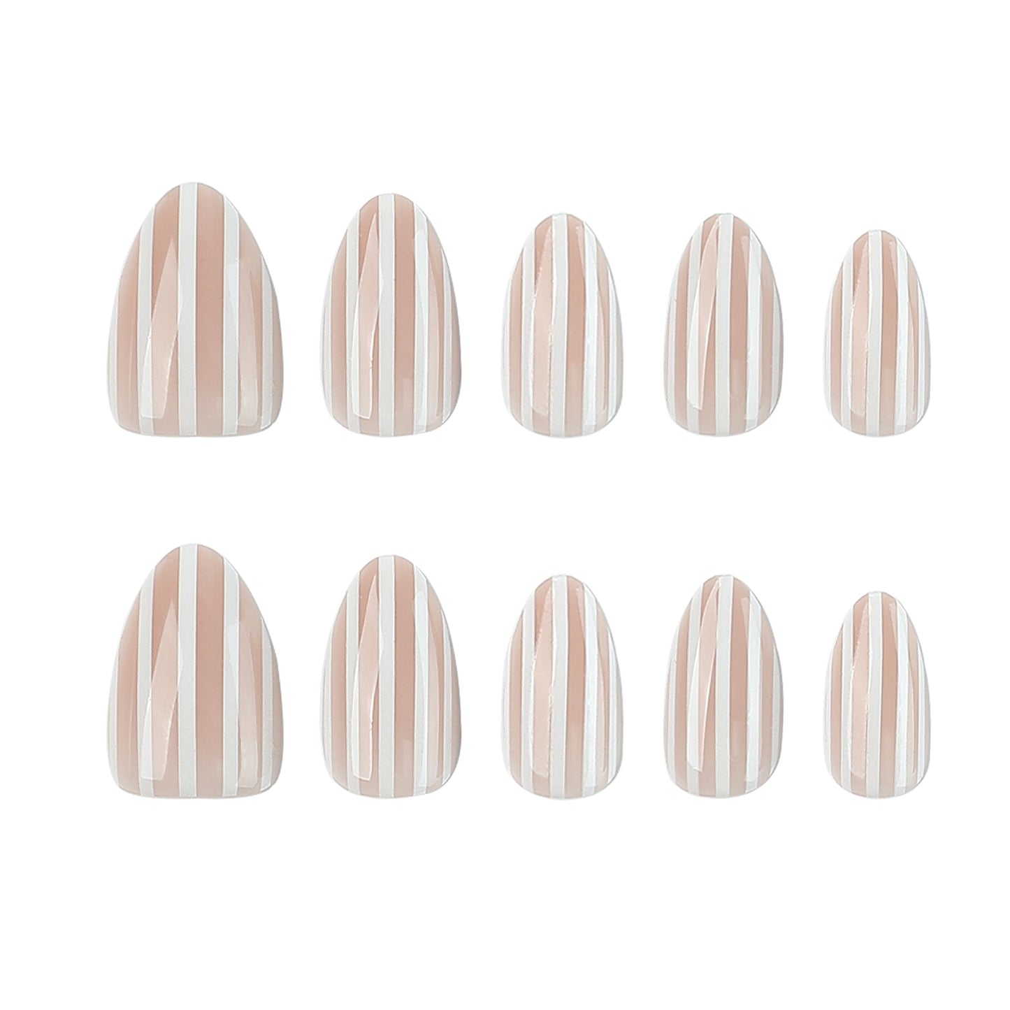 Glossy Nude & White Striped Press-On Nails - Almond Shape