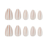 Glossy Nude & White Striped Press-On Nails - Almond Shape