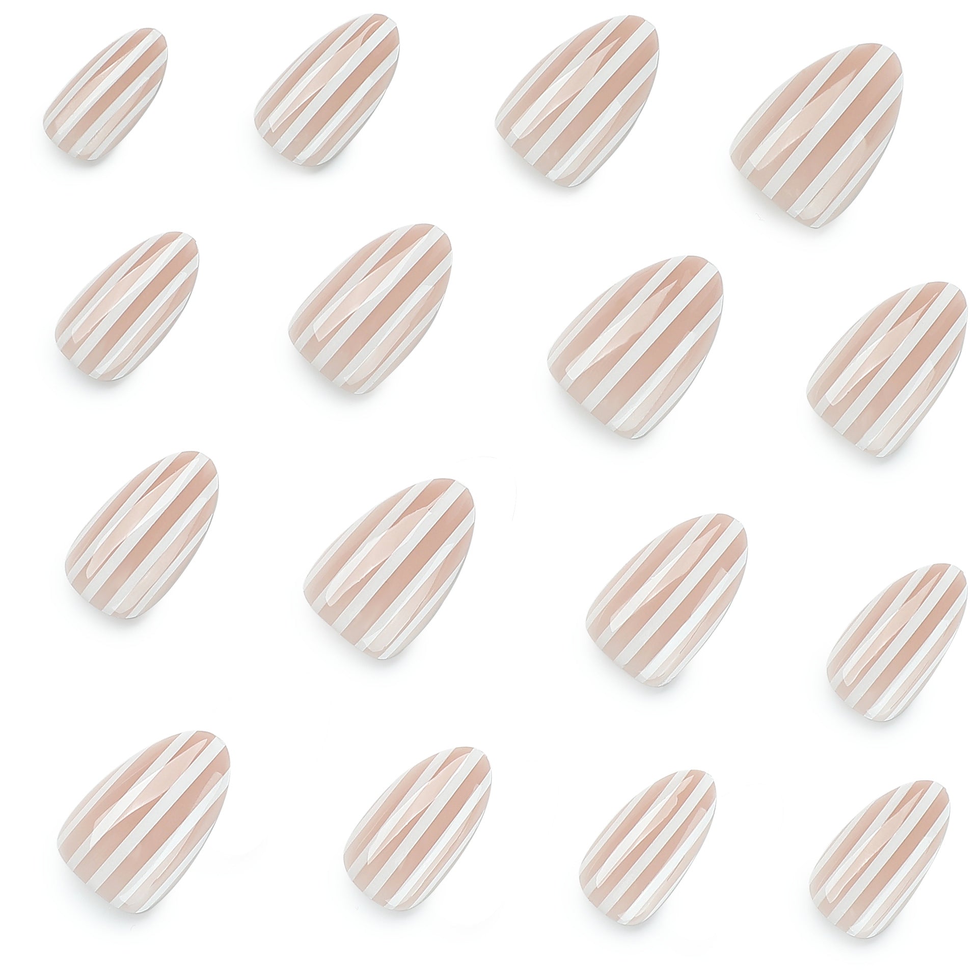 Glossy Nude & White Striped Press-On Nails - Almond Shape