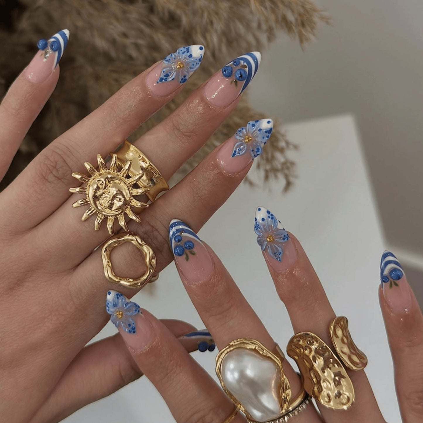 Blue Floral Almond Press-On Nails