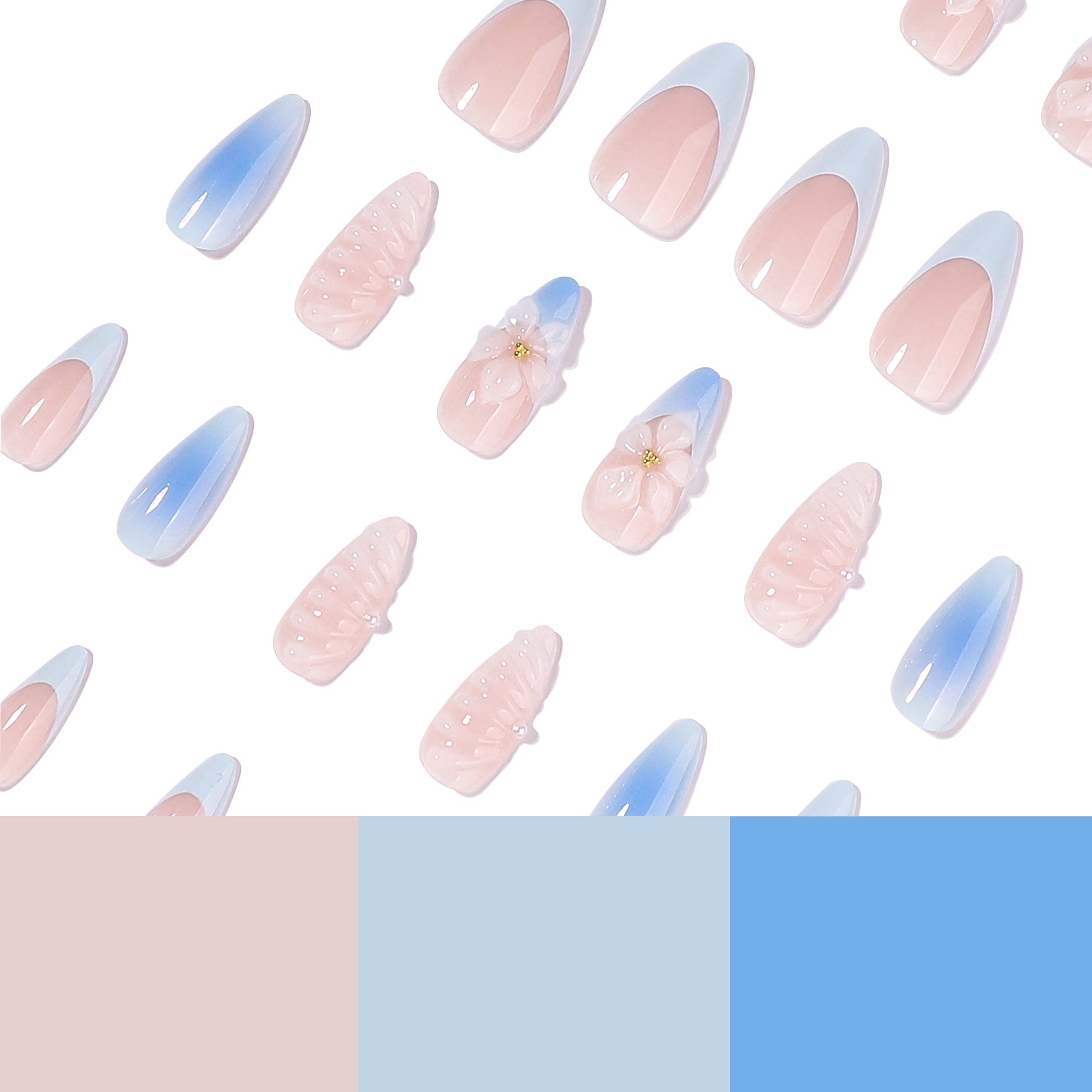 Blue Ombre Floral Press-On Nails