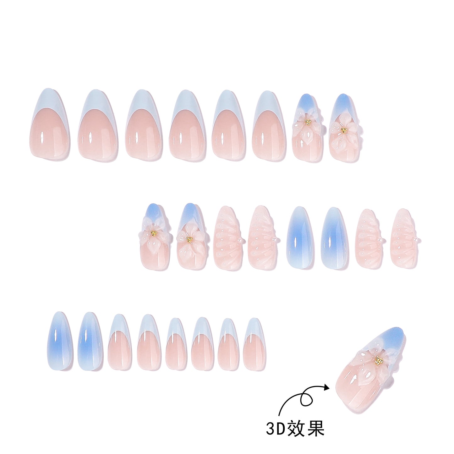 Blue Ombre Floral Press-On Nails