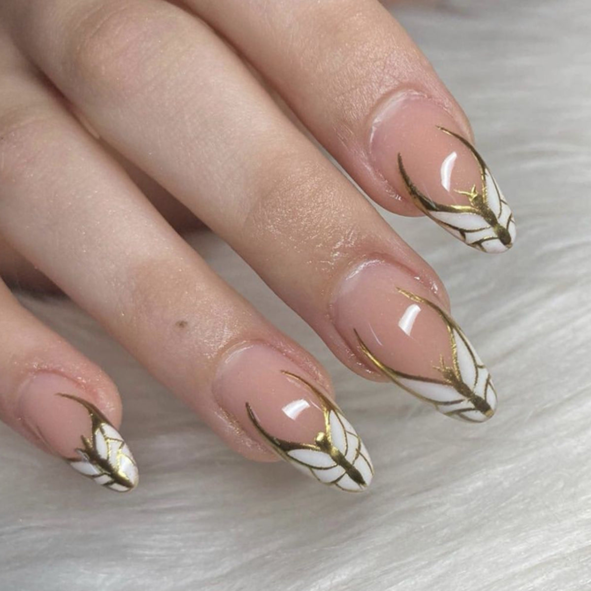 Almond Press On Nails with Gold Art