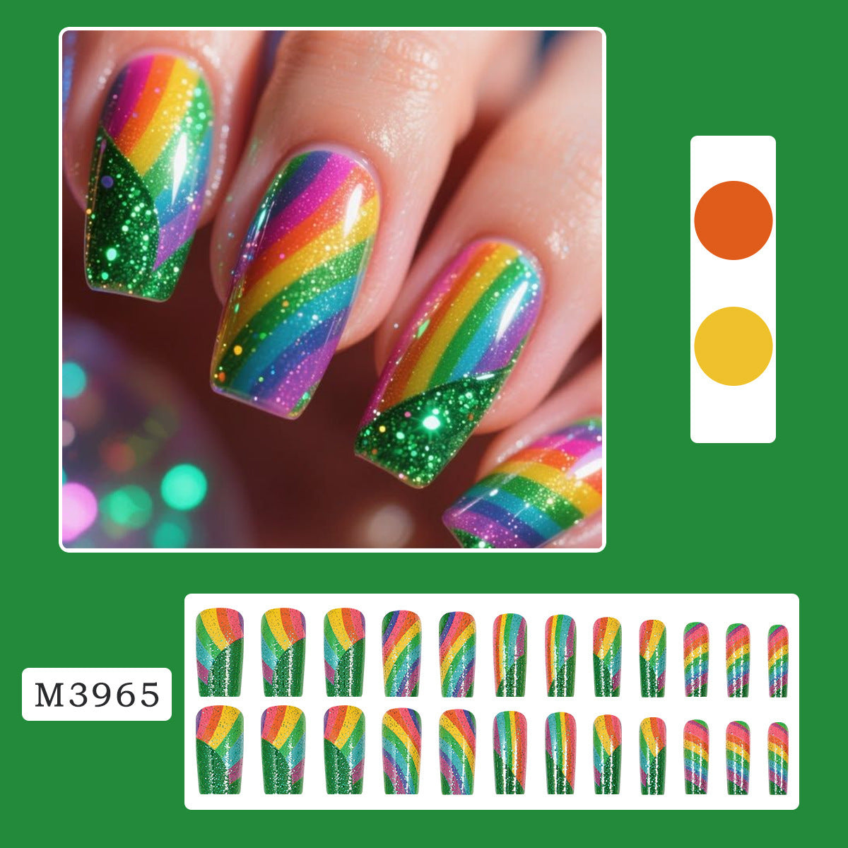 Rainbow Glitter Press On Nails  Set Women