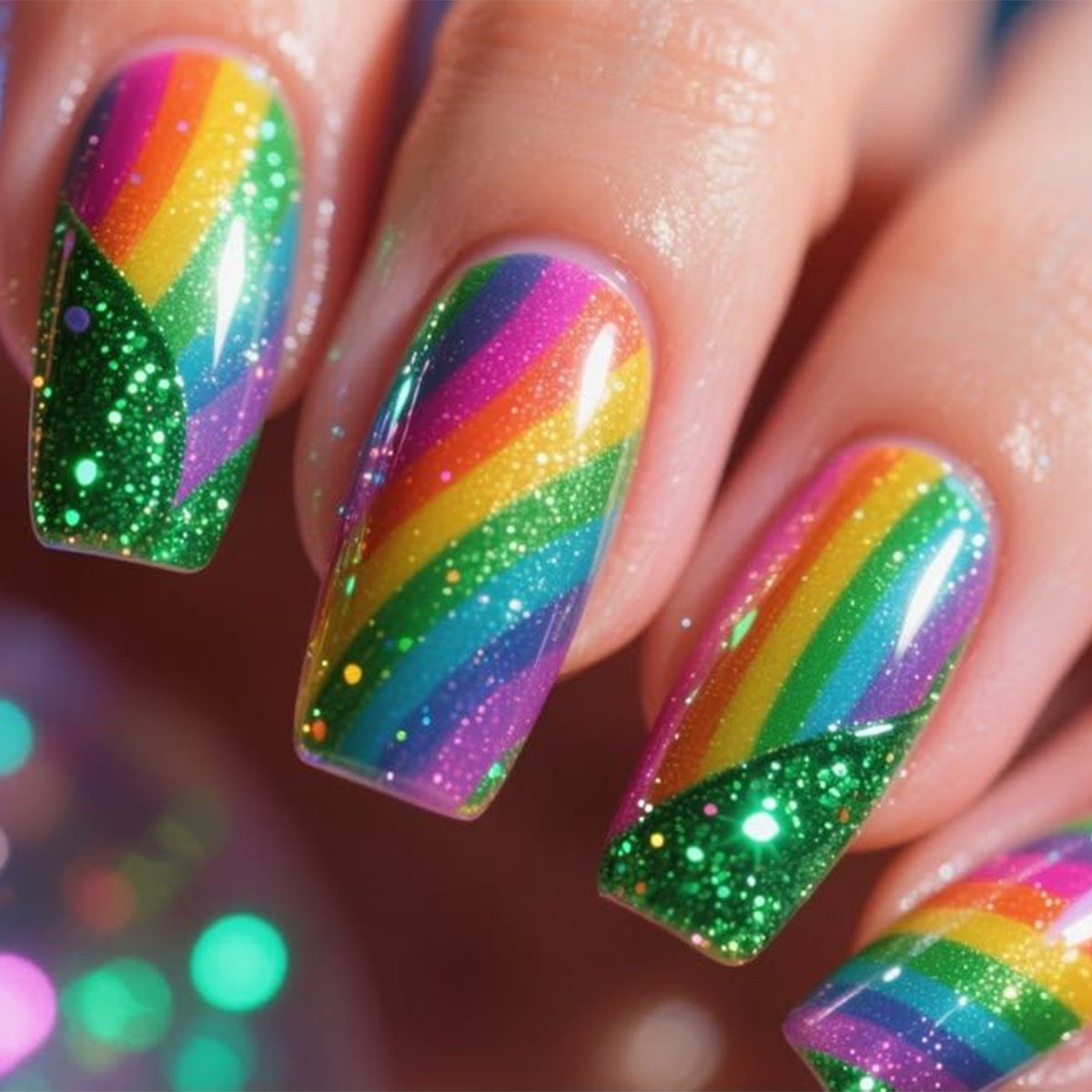 Rainbow Glitter Press On Nails  Set Women