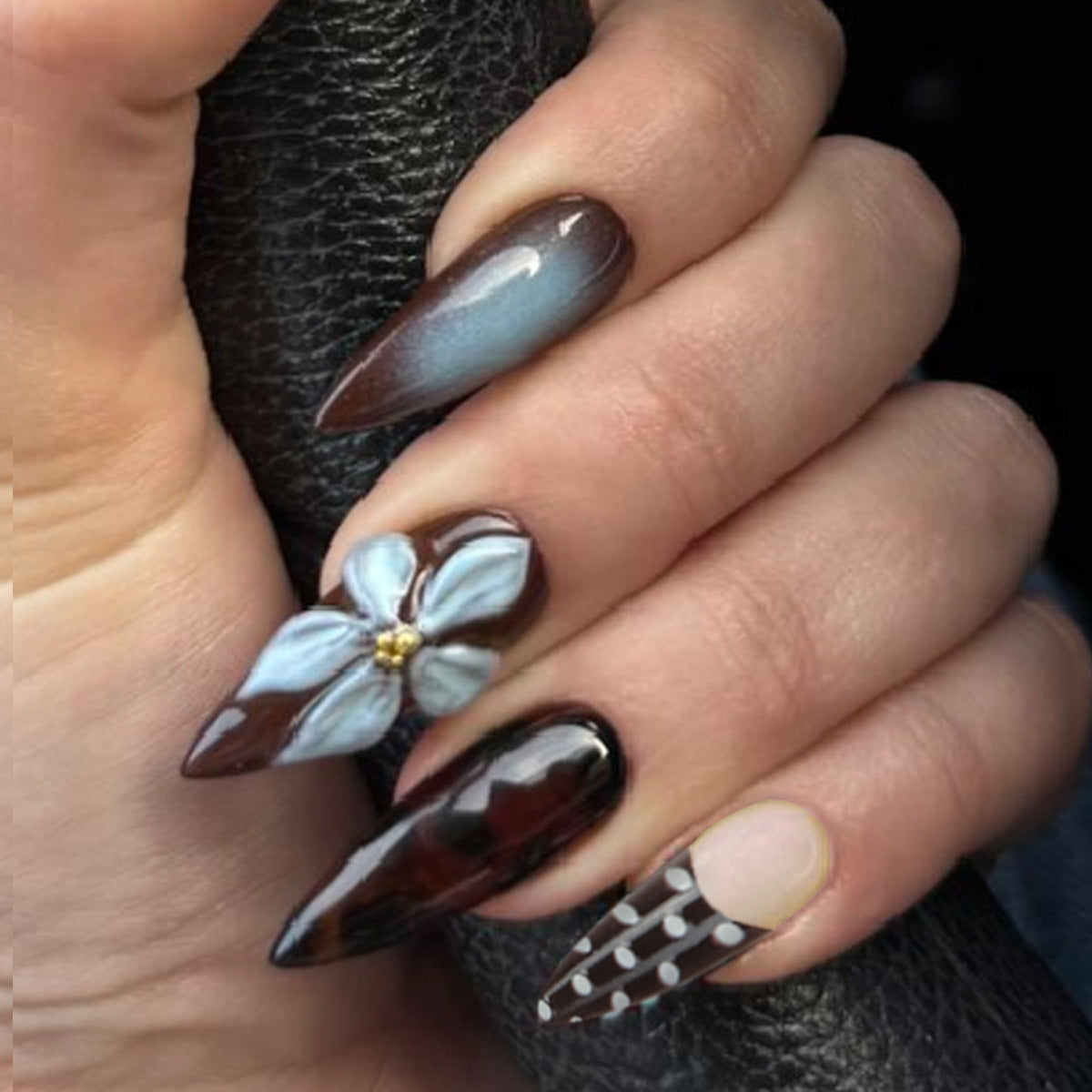 3D Floral Almond Press On Nails Set