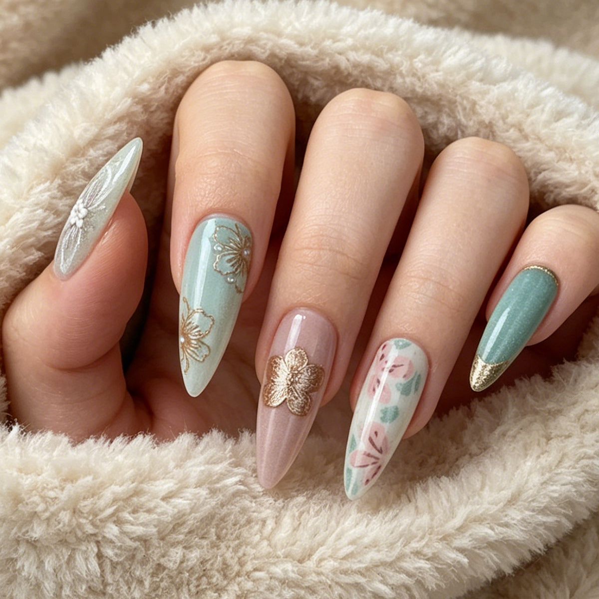 Floral Almond Press On Nails Set