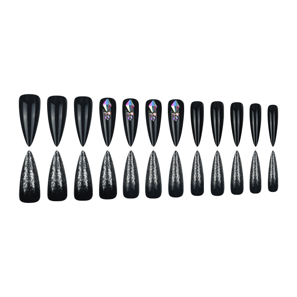 Long Glossy Black Rhinestone Press-On Nails