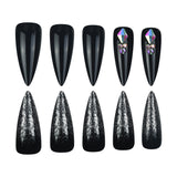 Long Glossy Black Rhinestone Press-On Nails