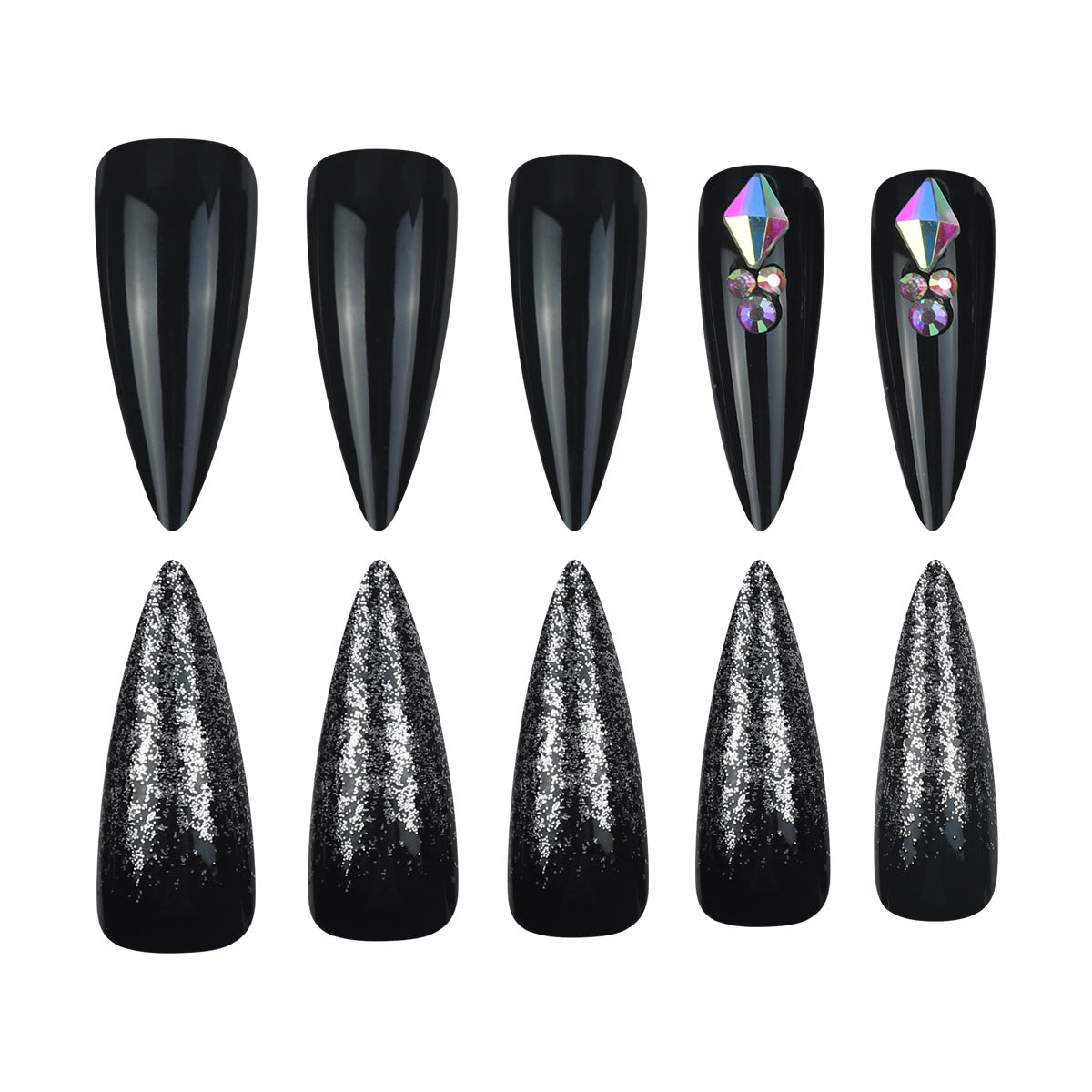 Long Glossy Black Rhinestone Press-On Nails