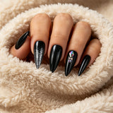 Long Glossy Black Rhinestone Press-On Nails
