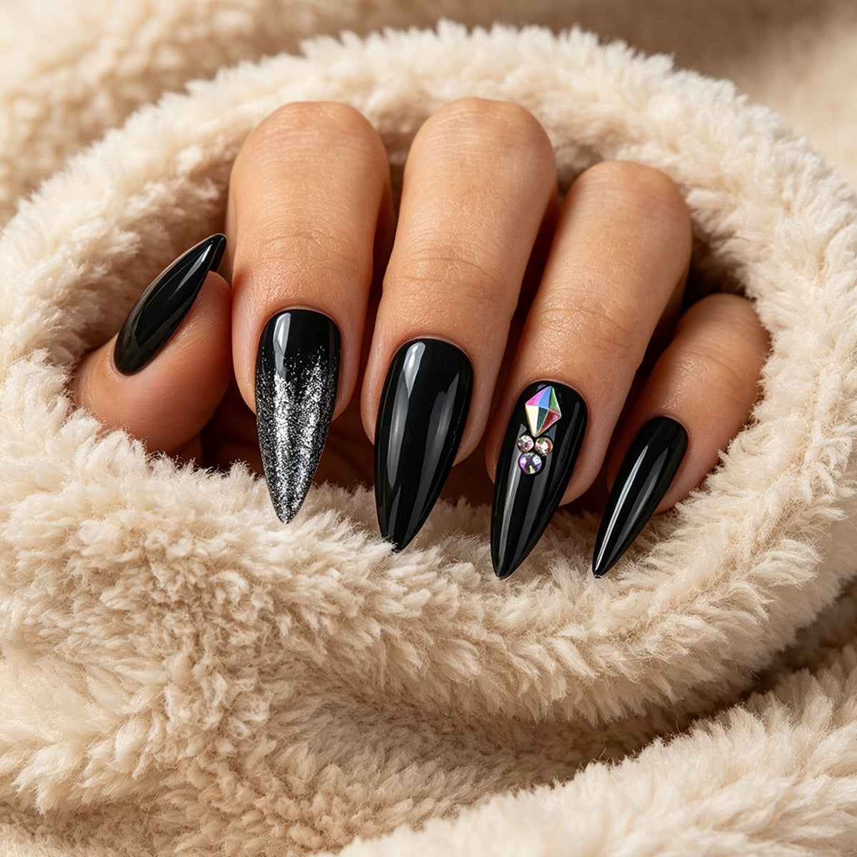 Long Glossy Black Rhinestone Press-On Nails