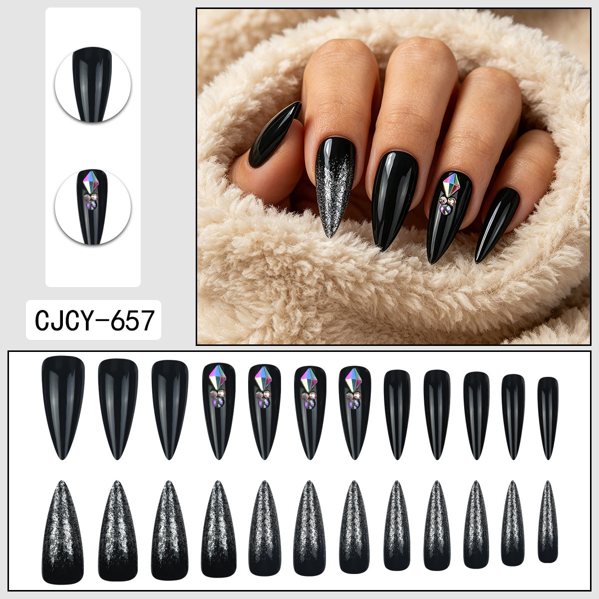 Long Glossy Black Rhinestone Press-On Nails