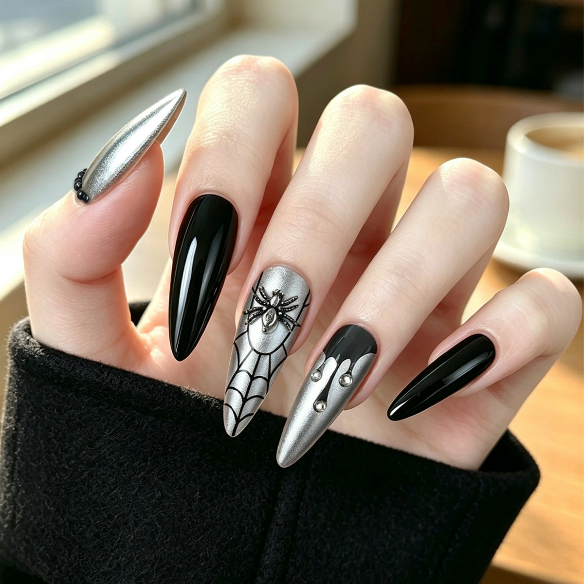Black & Silver Spider Web Nail Art Set