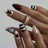 Star Print Stripe Almond Press-On Nails