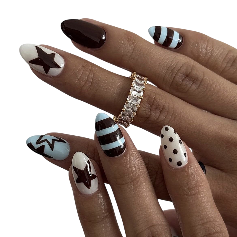 Star Print Stripe Almond Press-On Nails