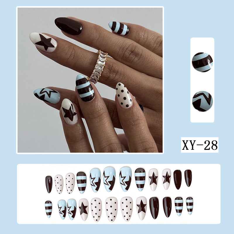 Star Print Stripe Almond Press-On Nails