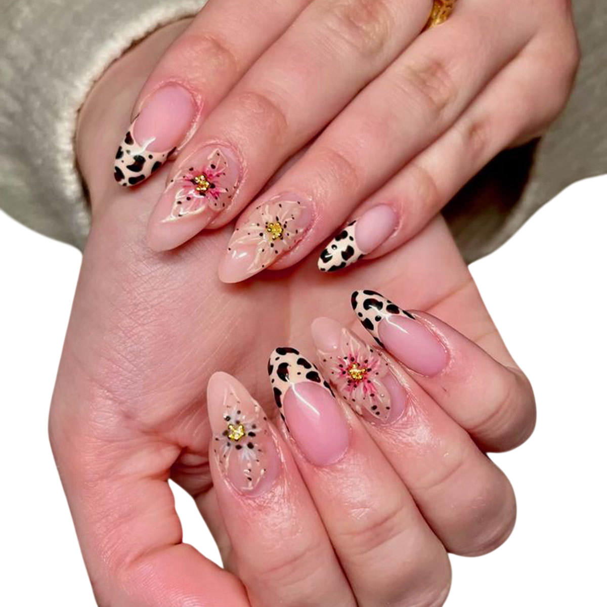 Press On Almond Nails with Floral Details