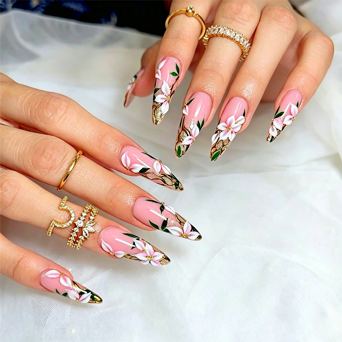 Floral Long Almond Press-On Nails