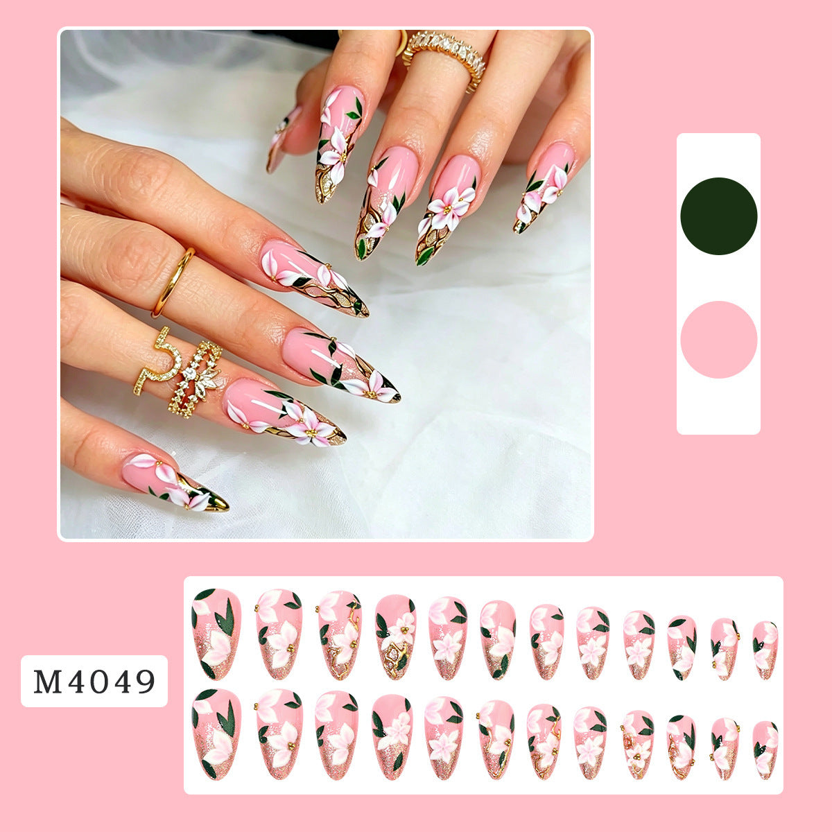 Floral Long Almond Press-On Nails