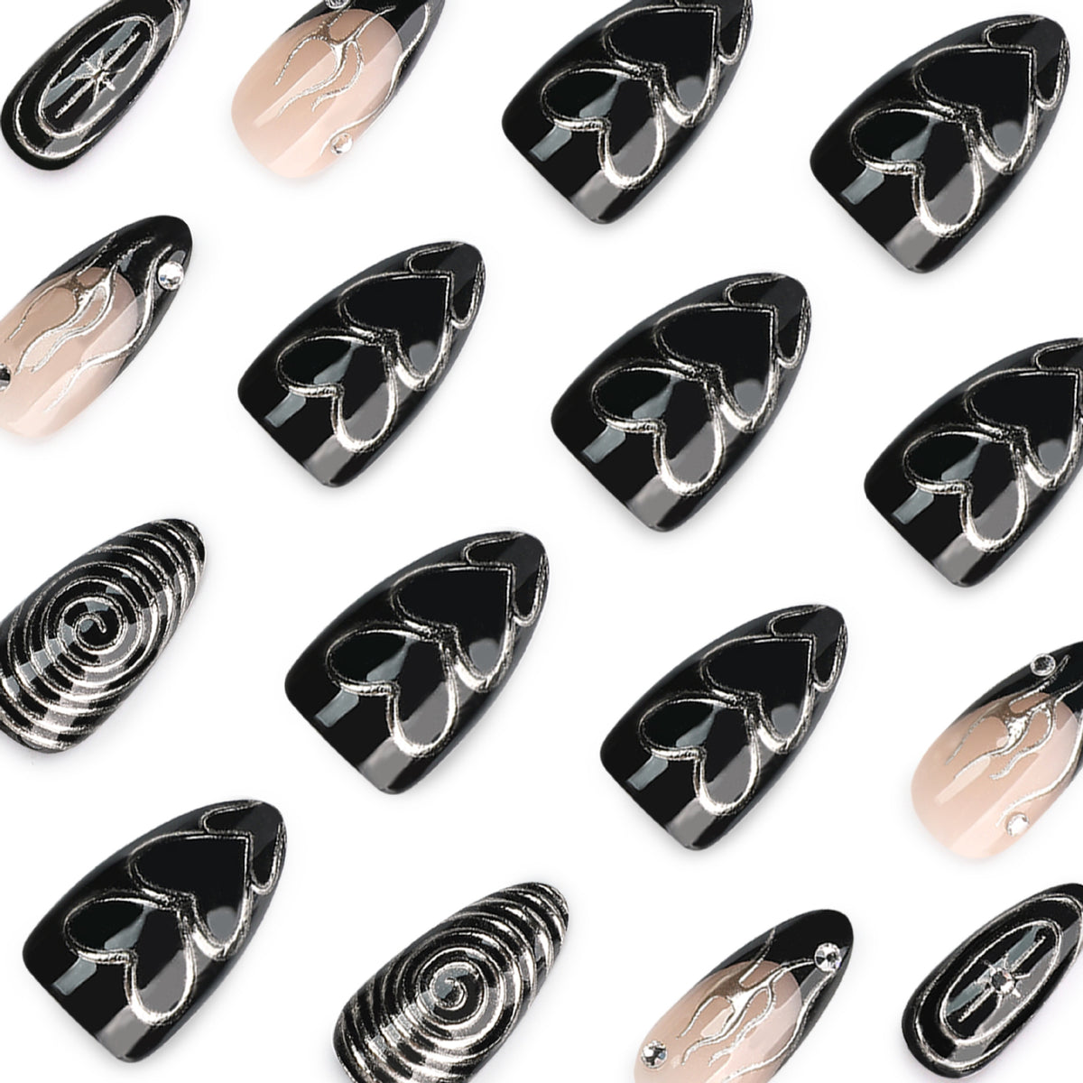 Glossy Black and Nude Decorative False Nail Tips Set with Rhinestone Details