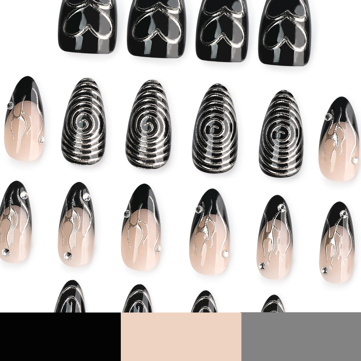 Glossy Black and Nude Decorative False Nail Tips Set with Rhinestone Details