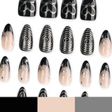 Glossy Black and Nude Decorative False Nail Tips Set with Rhinestone Details
