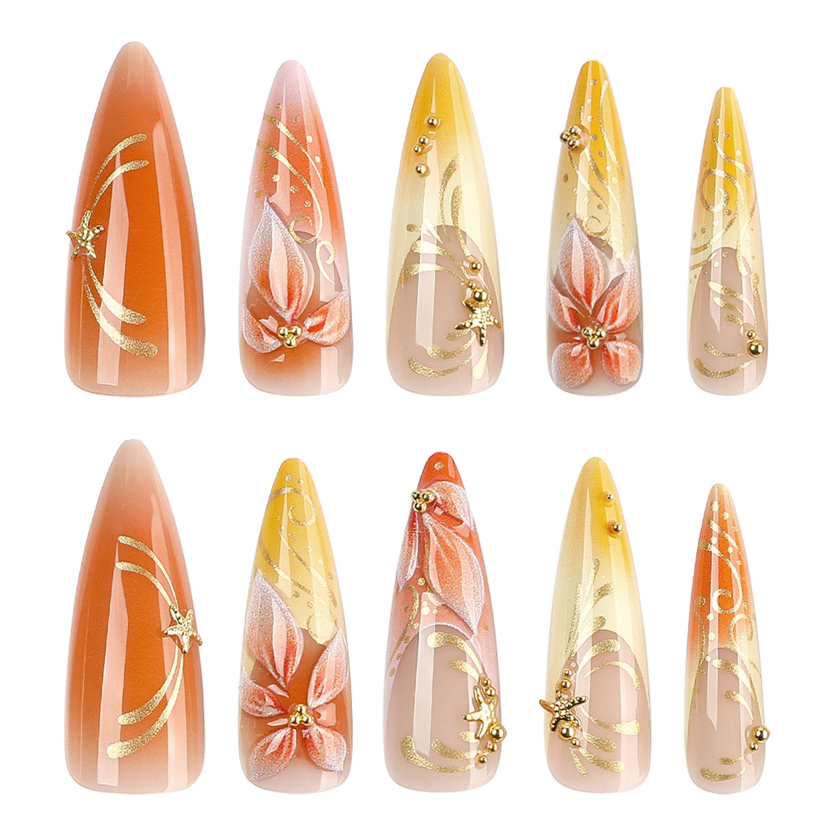 Floral Press On Nails with Gold Art for Women