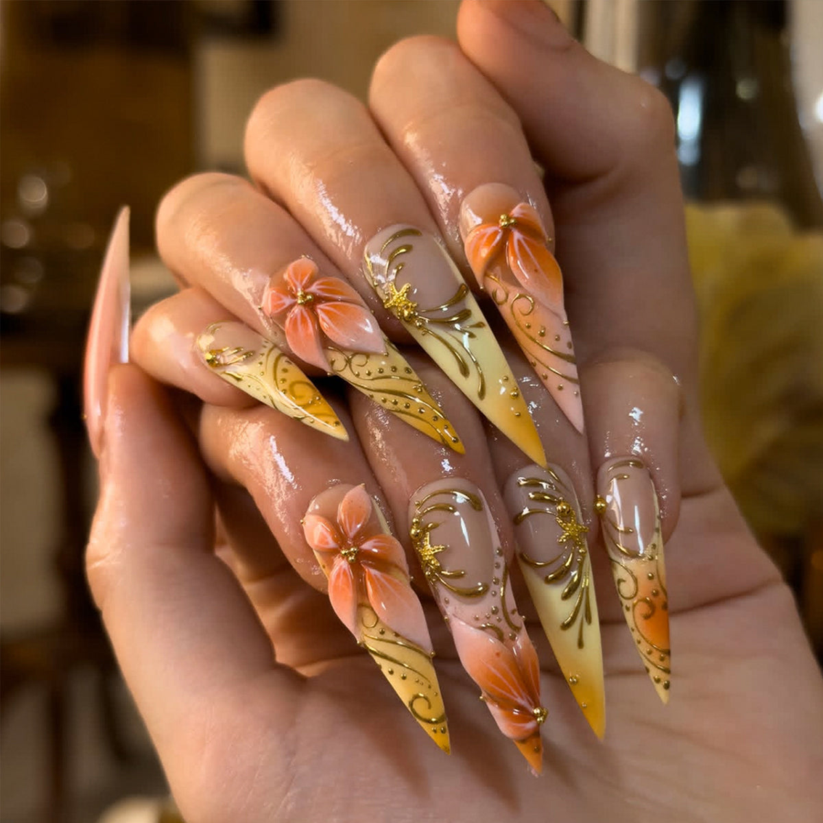 Floral Press On Nails with Gold Art for Women