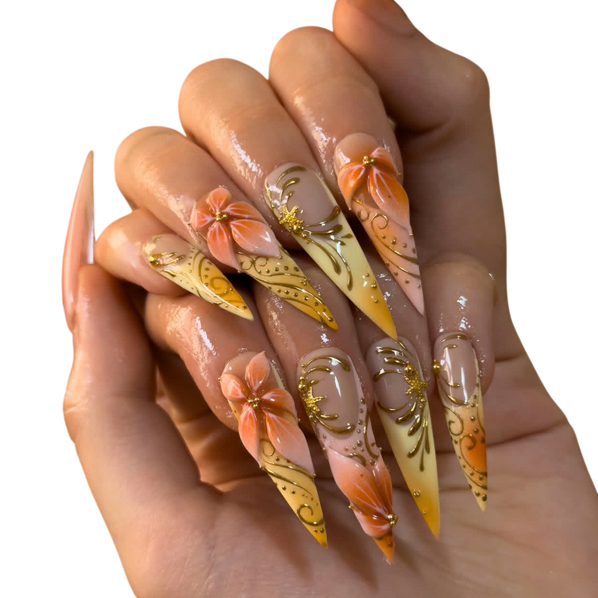 Floral Press On Nails with Gold Art for Women