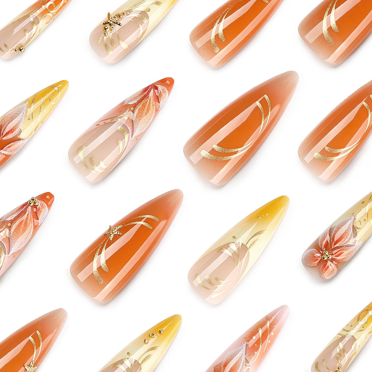 Floral Press On Nails with Gold Art for Women