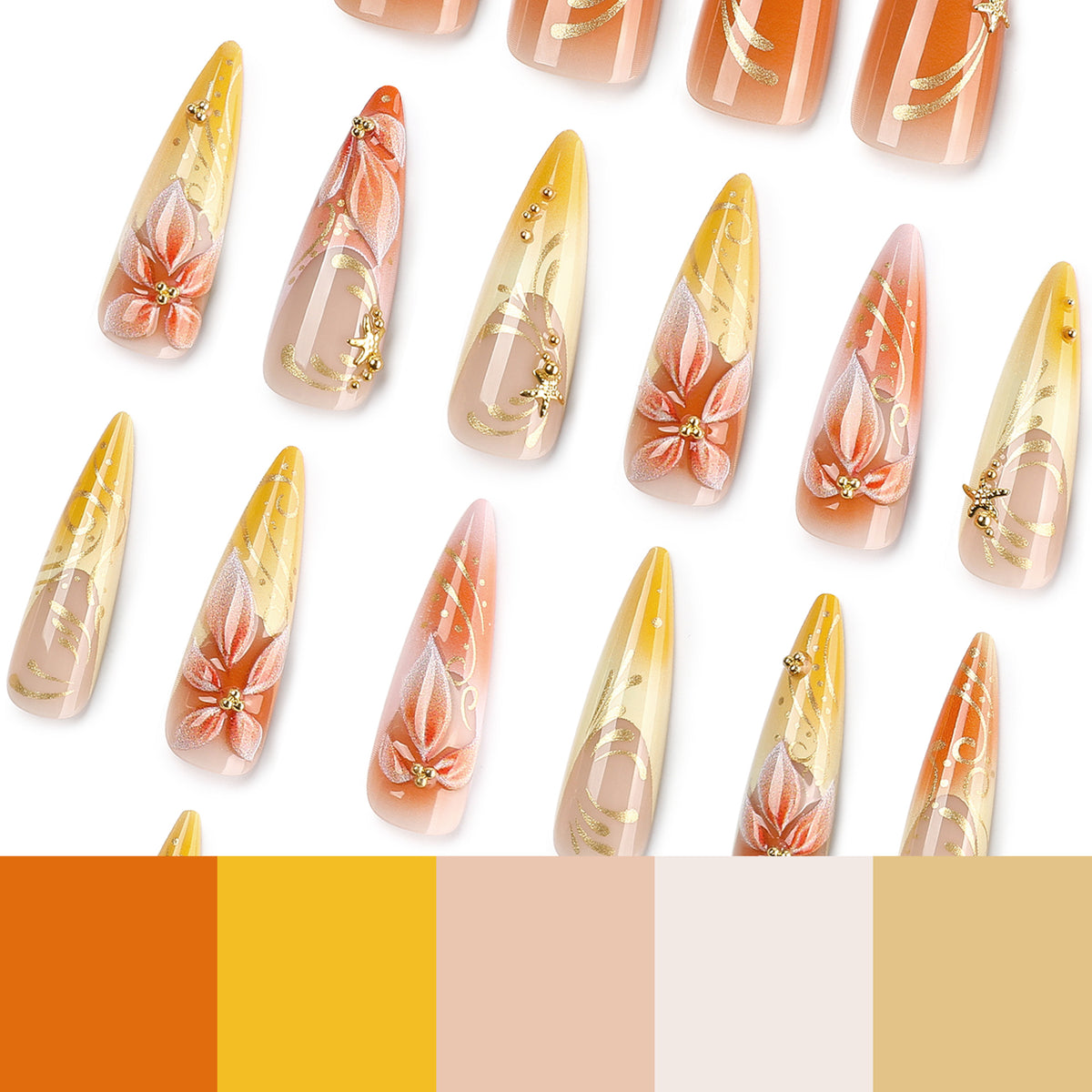 Floral Press On Nails with Gold Art for Women