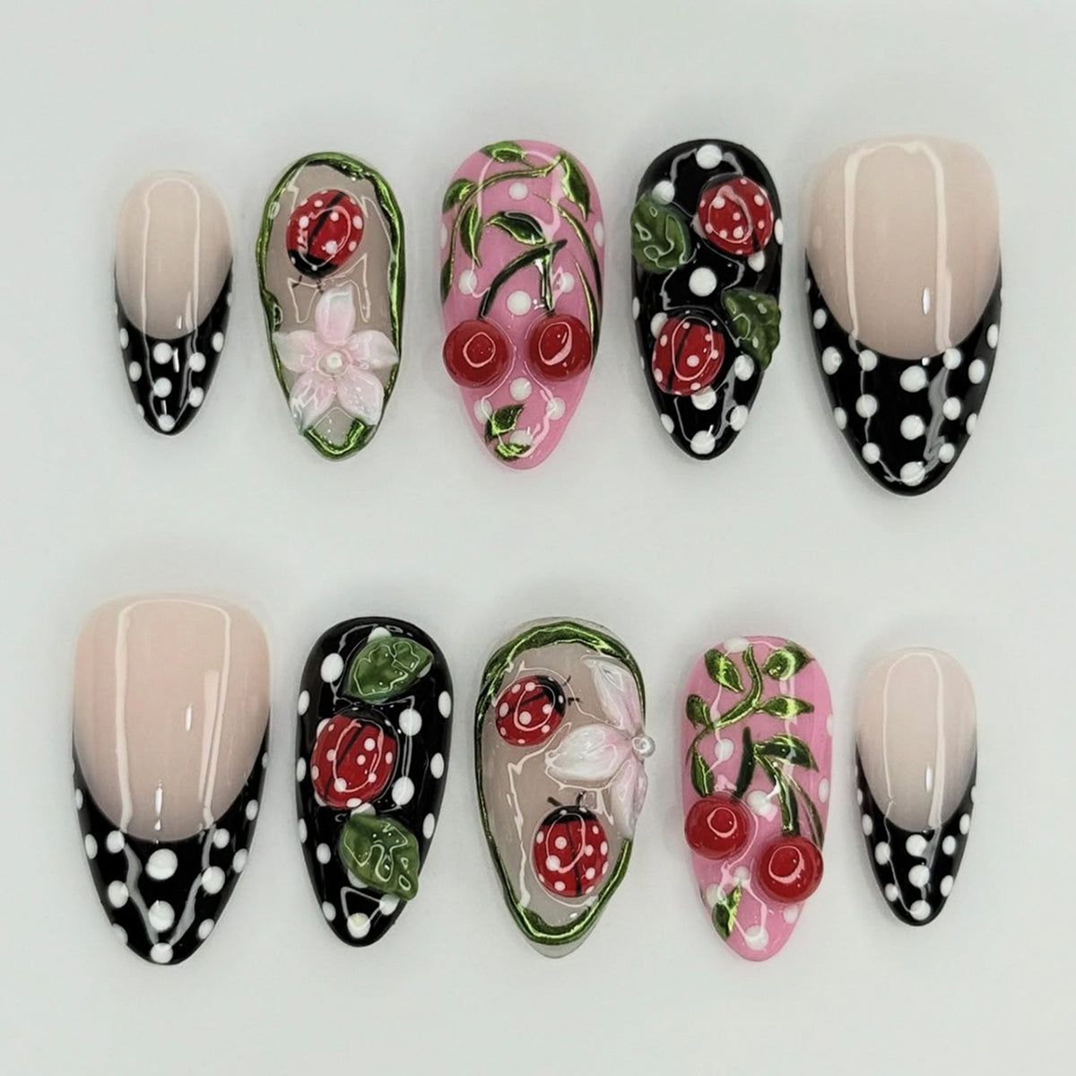 Ladybug Press On Nails with Polka Dot Design