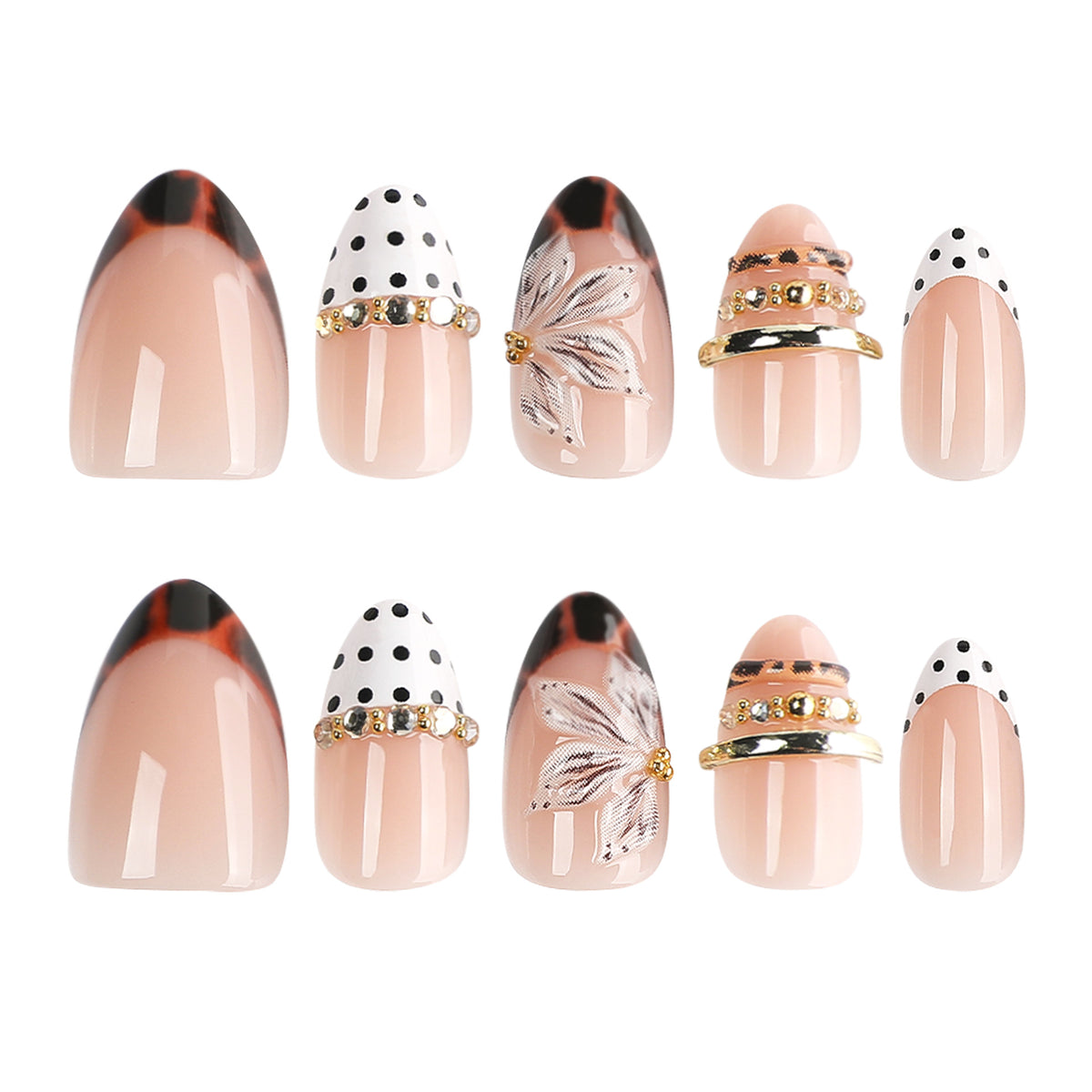 French Tip Press-On Nails with Floral Design