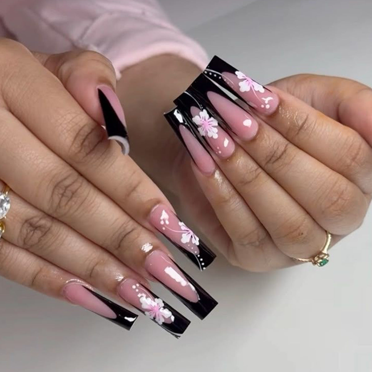Black Floral Press On Nails