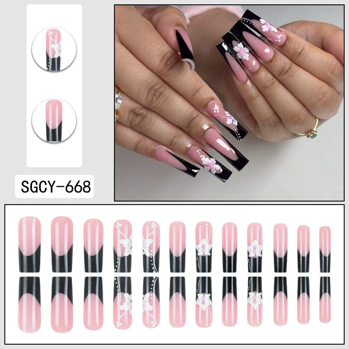 Black Floral Press On Nails