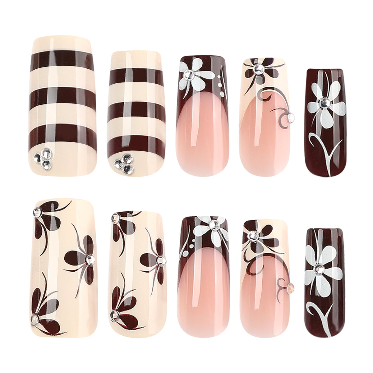Floral Press-On Nails with Rhinestone Accents