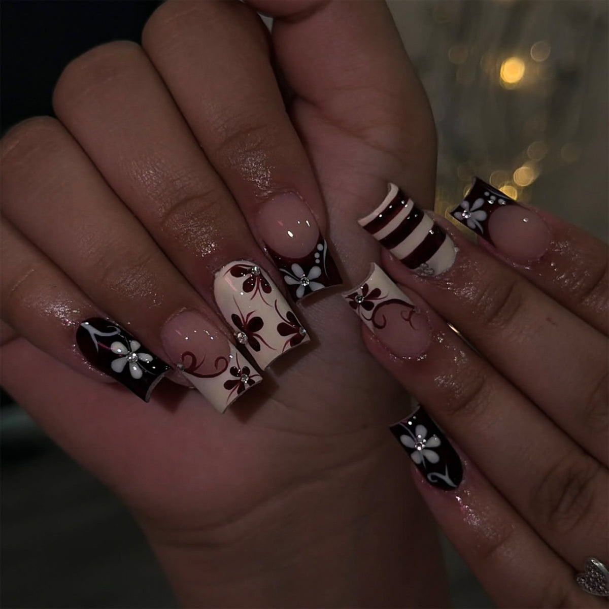 Floral Press-On Nails with Rhinestone Accents