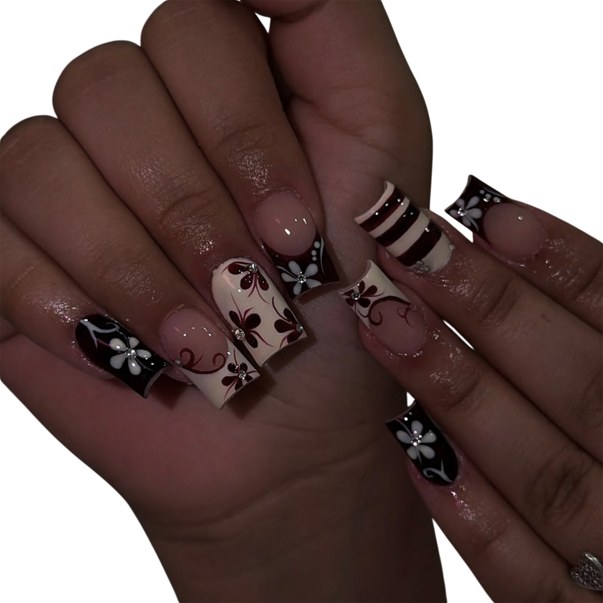 Floral Press-On Nails with Rhinestone Accents