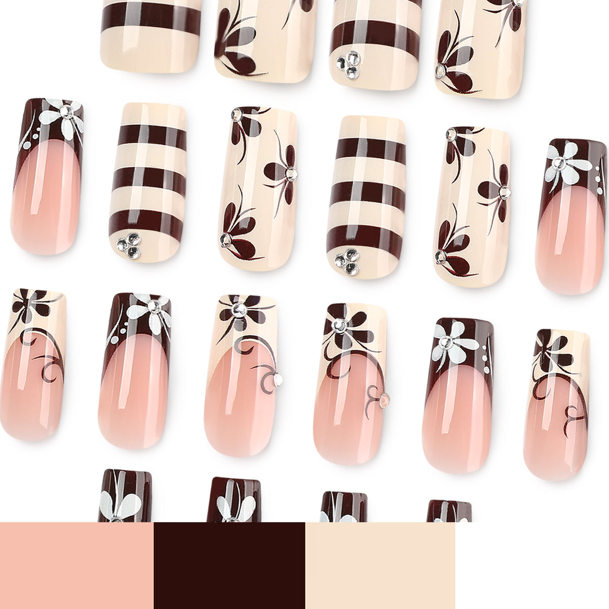 Floral Press-On Nails with Rhinestone Accents